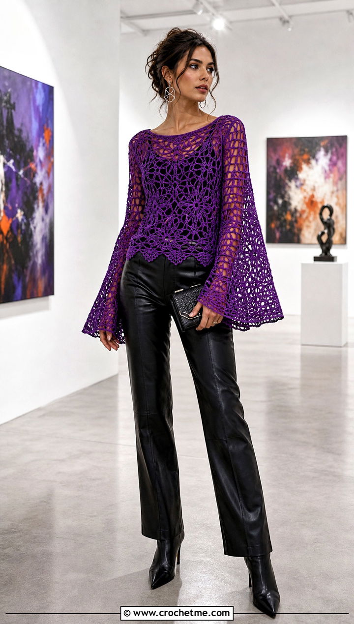 Bell Sleeve Crochet Sweater Top With Leather Pants - 35 Crochet Top Sweater outfit ideas