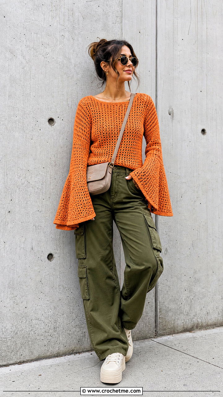 Bell Sleeve Crochet Sweater With Cargo Pants - 35 colorful crochet sweater outfit ideas