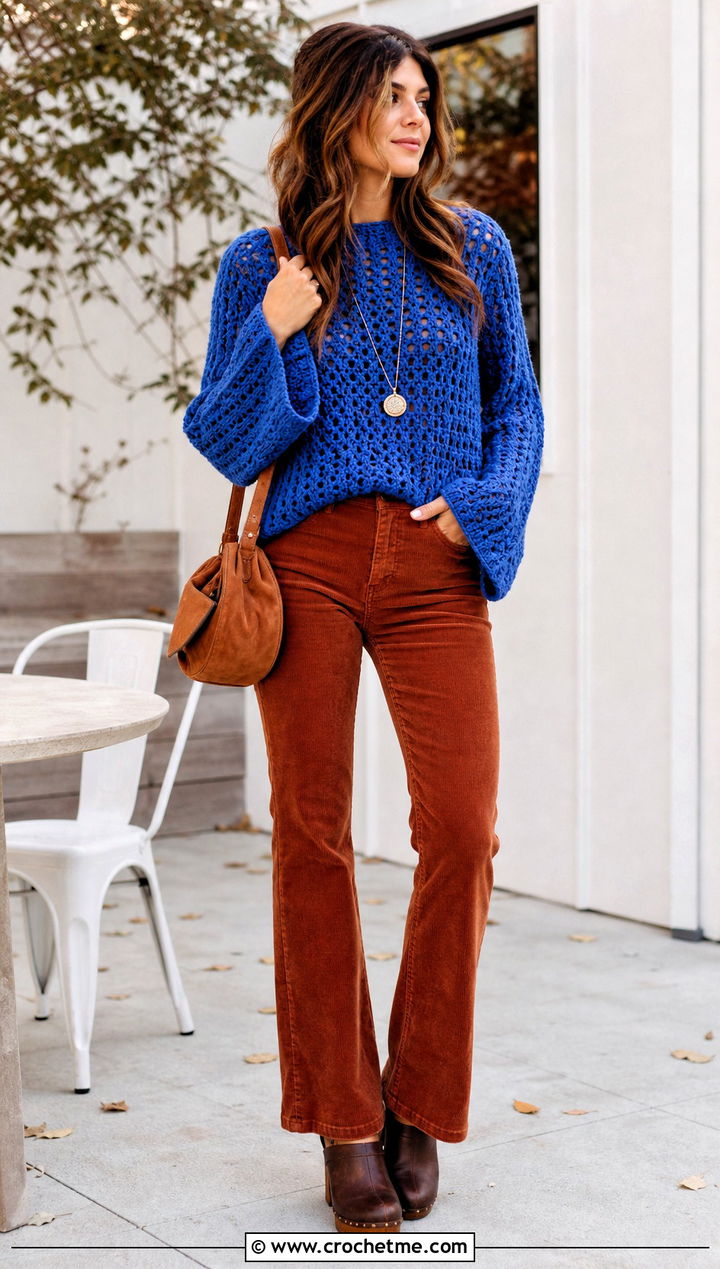 Bell Sleeve Crochet Sweater With Corduroy Pants - 15 Crochet Sweater 70S outfit ideas