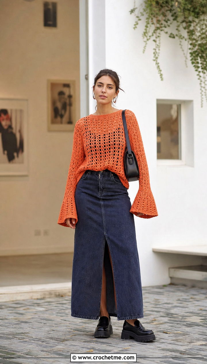 Bell Sleeve Crochet Sweater With Denim Maxi Skirt - 25 90s crochet sweater outfit ideas