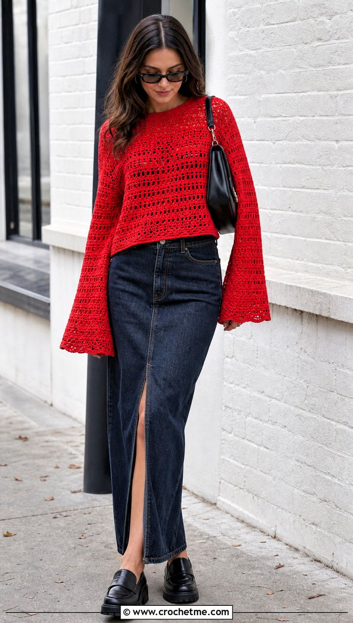Bell Sleeve Crochet Sweater With Denim Maxi Skirt - 25 Basic Crochet Sweater outfit ideas