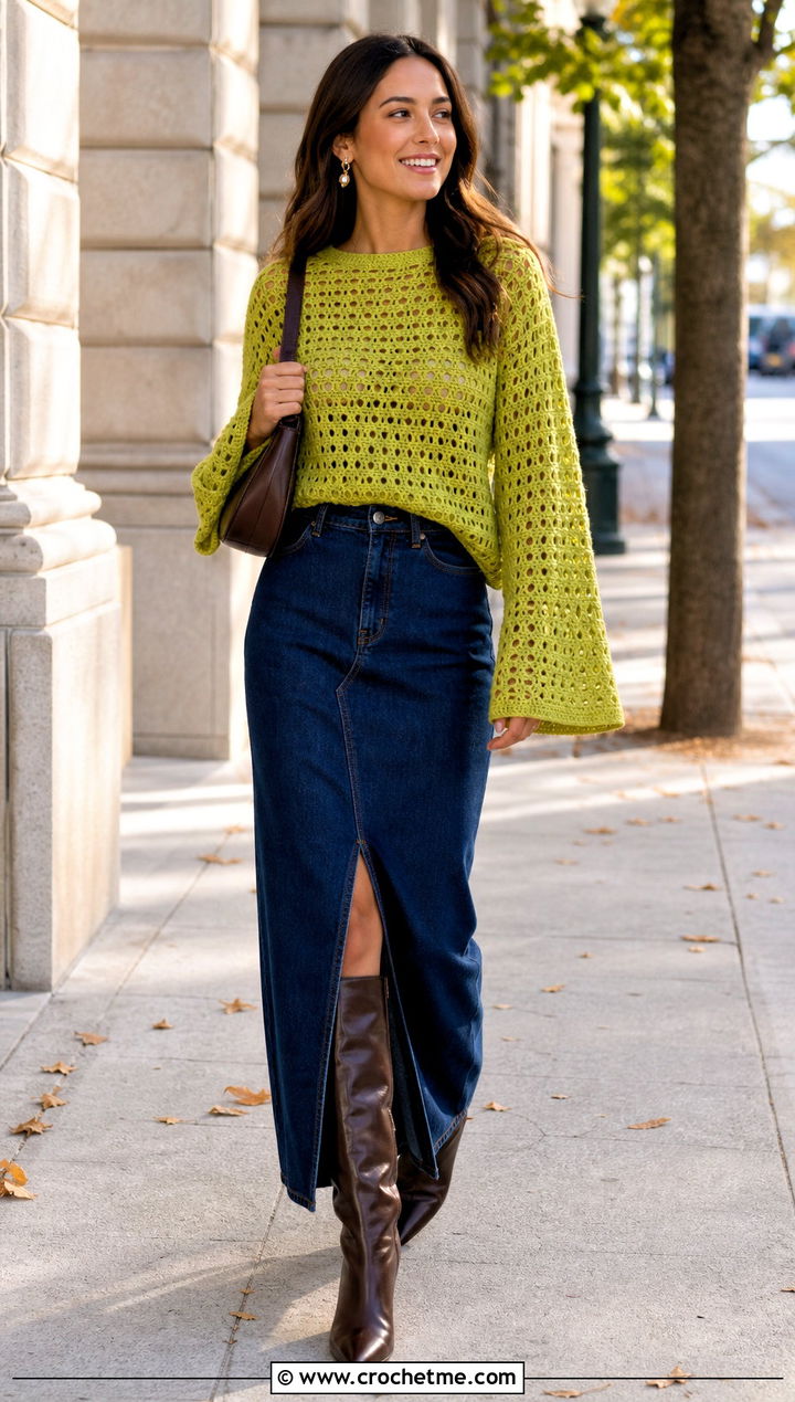 Bell Sleeve Crochet Sweater With Denim Maxi Skirt - 15 Crochet For Ladies Sweaters outfit ideas