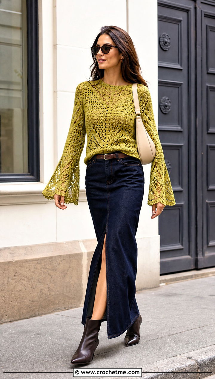 Bell Sleeve Crochet Sweater With Denim Maxi Skirt - 15 Crochet Sweater Aesthetic outfit ideas