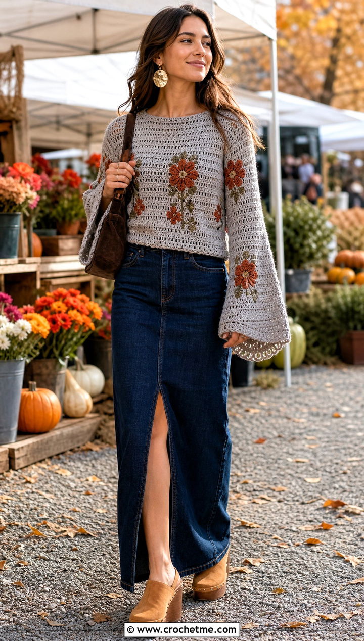 Bell Sleeve Crochet Sweater With Denim Maxi Skirt - 15 Orange And Gray Crochet Sweater outfit ideas