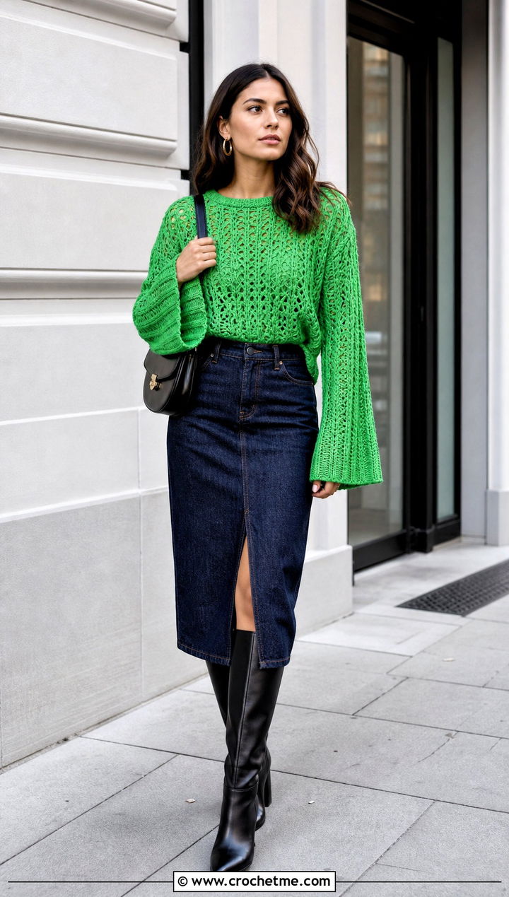 Bell Sleeve Crochet Sweater With Denim Midi Skirt - 15 Modern Crochet Sweater outfit ideas