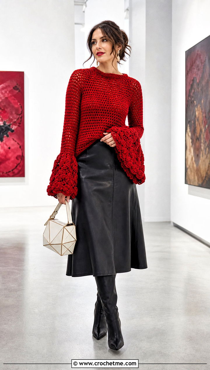 Bell Sleeve Crochet Sweater With Faux Leather Midi Skirt - 25 Valentines Day Crochet Sweater outfit ideas