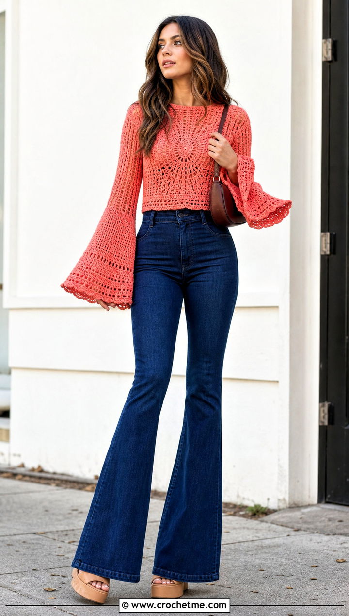 Bell Sleeve Crochet Sweater With Flare Jeans - 35 simple crochet sweater outfit ideas