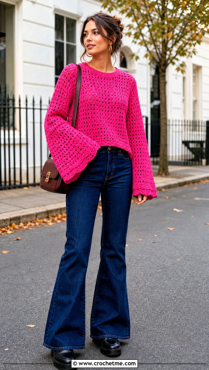 Bell Sleeve Crochet Sweater With Flared Jeans - 25 handmade crochet sweater outfit ideas