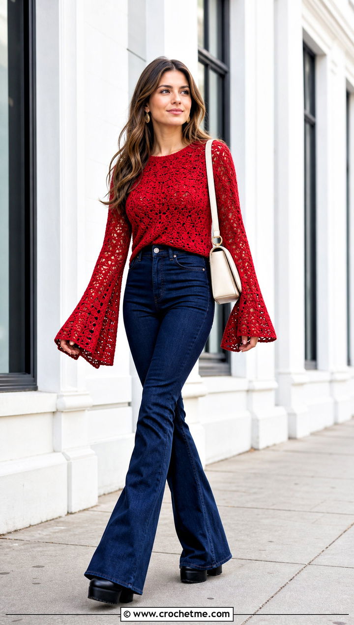 Bell Sleeve Crochet Sweater With Flared Jeans - 25 Woman Crochet Sweater outfit ideas