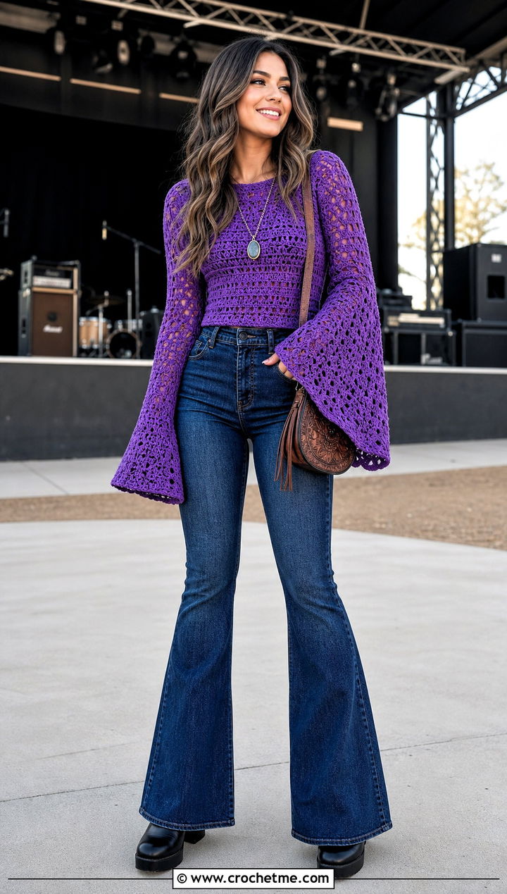 Bell Sleeve Crochet Sweater With Flared Jeans - 15 Boho Style Crochet Sweater outfit ideas