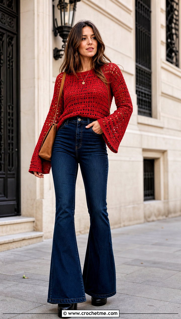 Bell Sleeve Crochet Sweater With Flared Jeans - 15 bright crochet sweater design outfit ideas