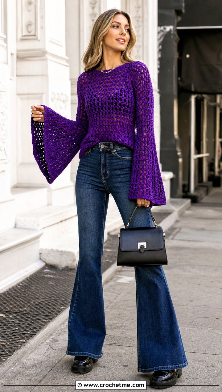 Bell Sleeve Crochet Sweater With Flared Jeans - 15 Crochet Womens Sweaters outfit ideas