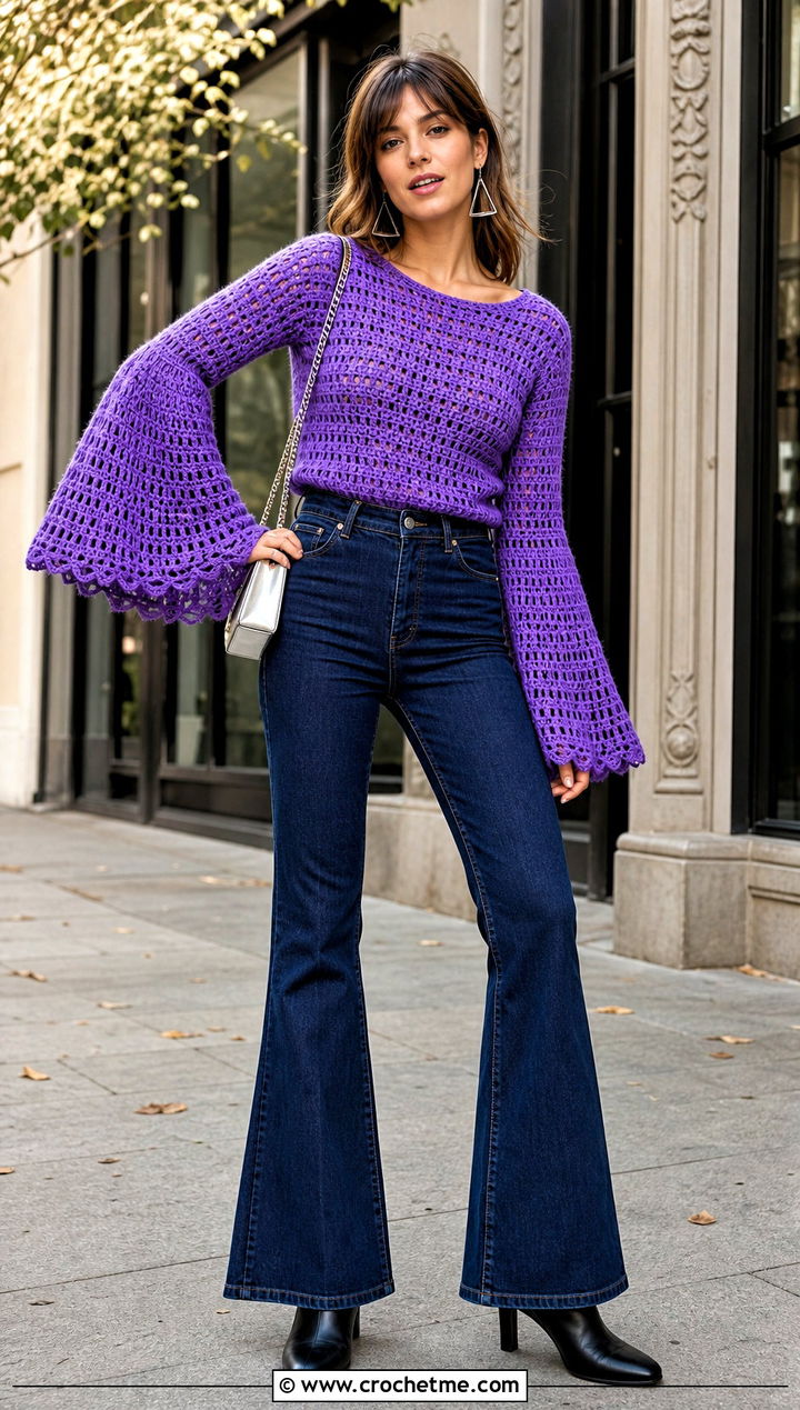 Bell Sleeve Crochet Sweater With Flared Jeans - 15 Simple Crochet Sweater Design outfit ideas