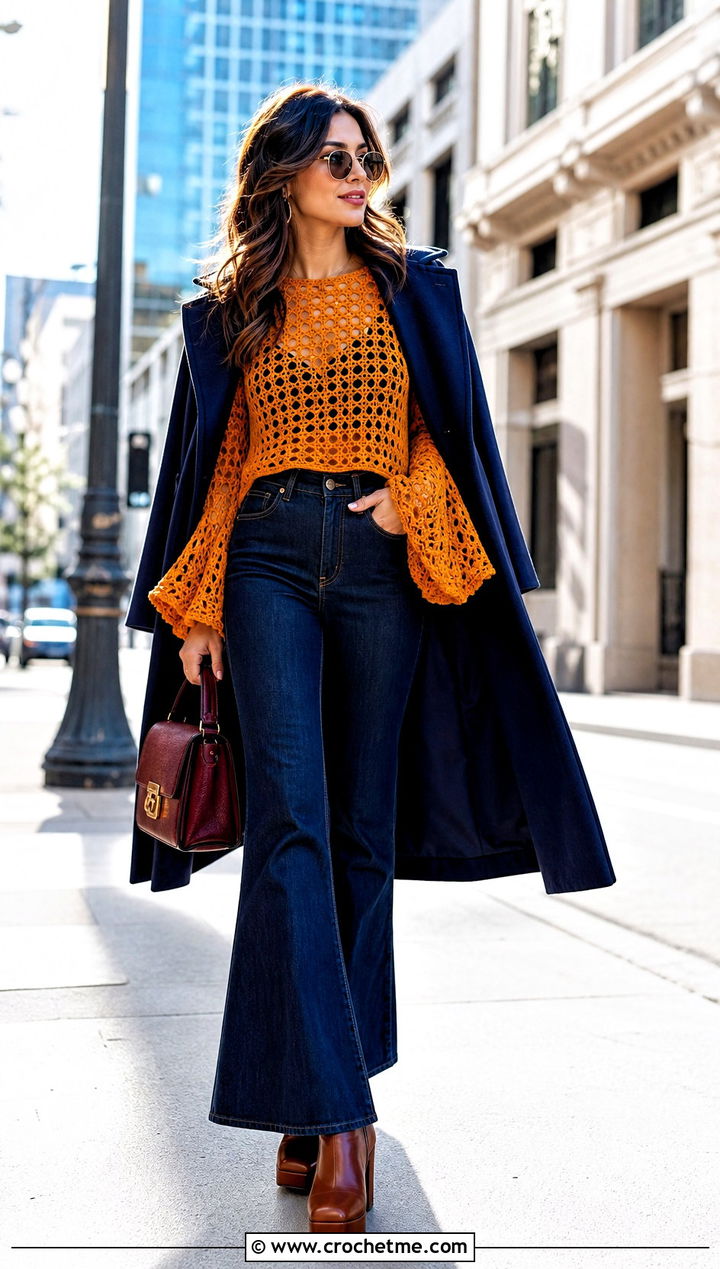 Bell Sleeve Crochet Sweater With Flared Jeans - 30 winter crochet sweater outfit ideas
