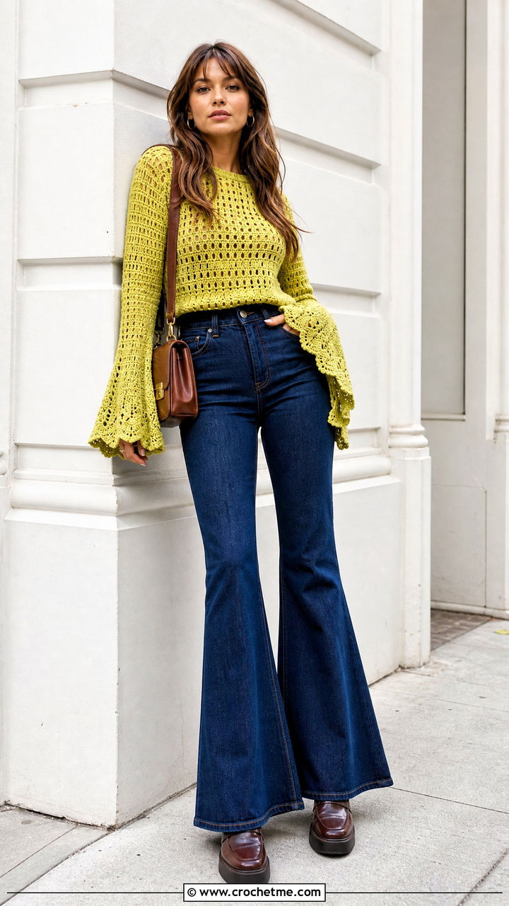 Bell Sleeve Crochet Sweater With Flared Jeans - 35 crochet sweaters women outfit ideas