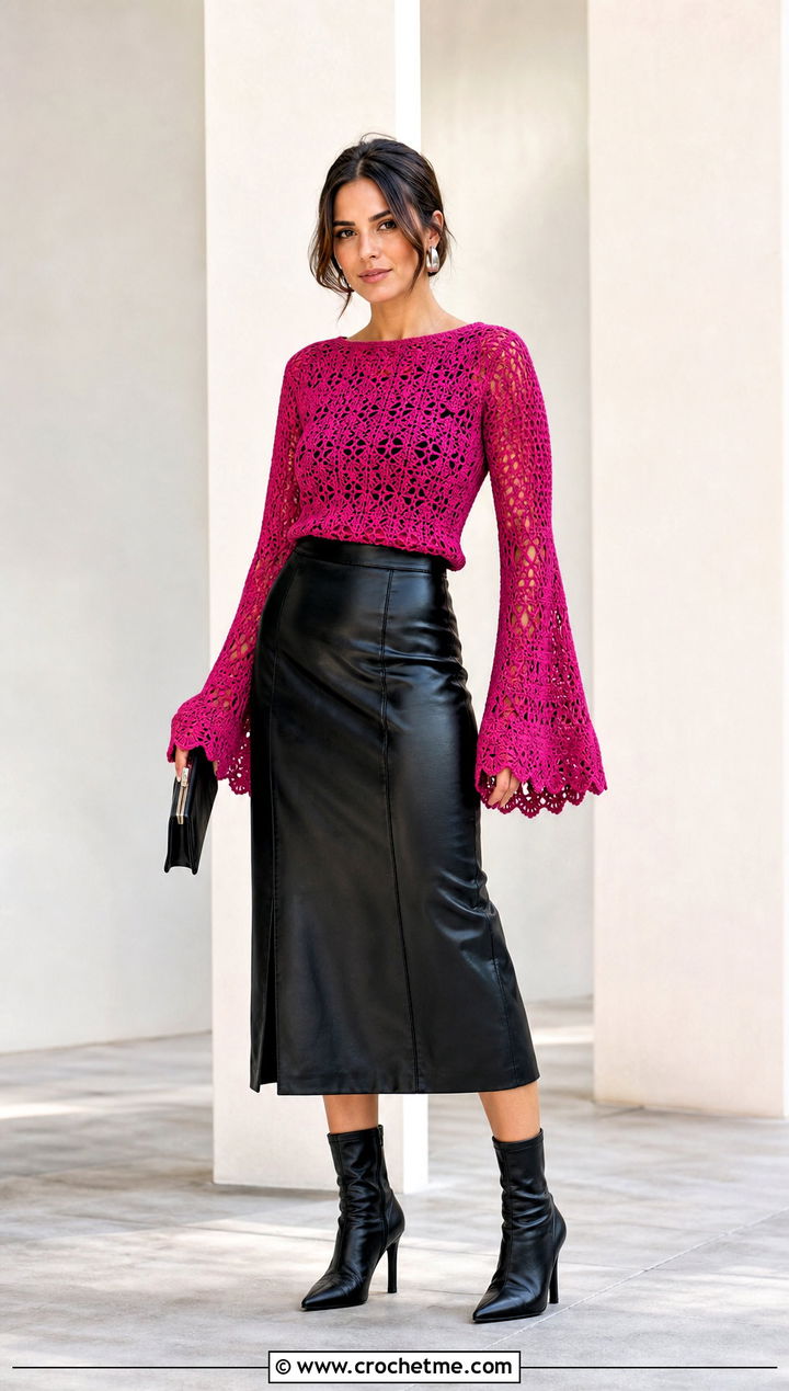Bell Sleeve Crochet Sweater With Leather Midi Skirt - 20 Crochet Lightweight Sweater outfit ideas