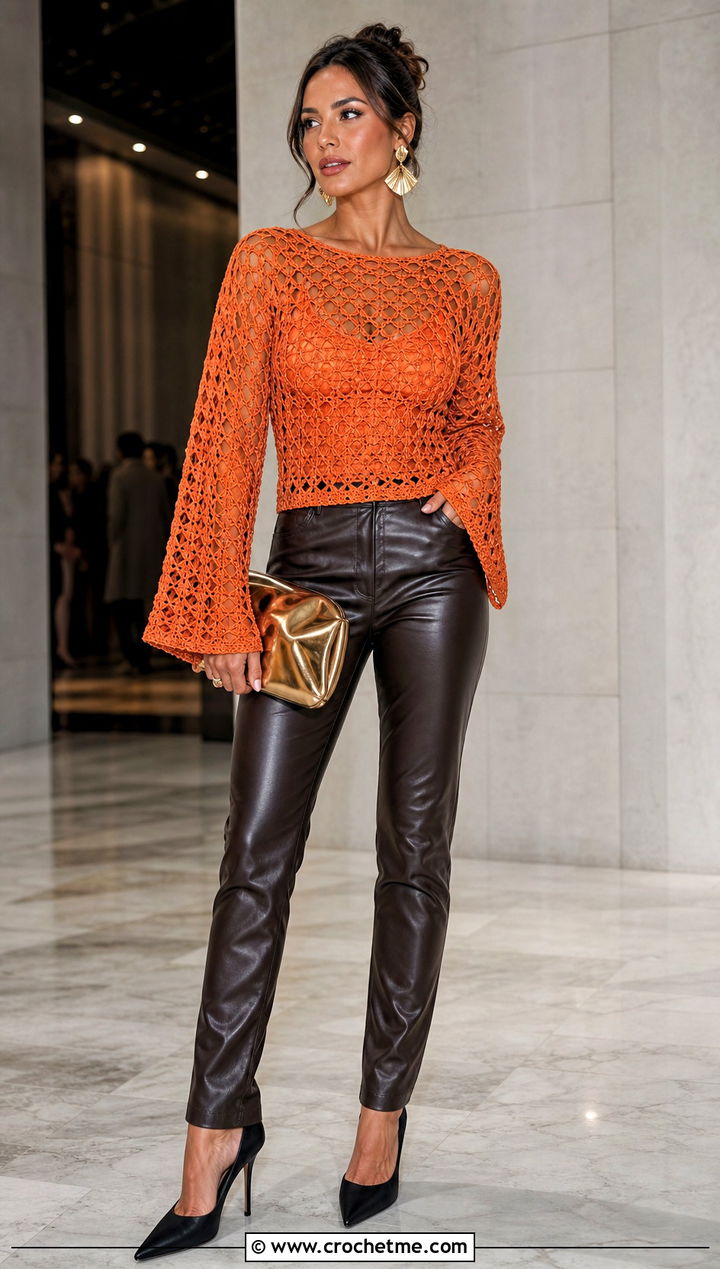 Bell Sleeve Crochet Sweater With Leather Pants - 20 Open Weave Crochet Sweater outfit ideas