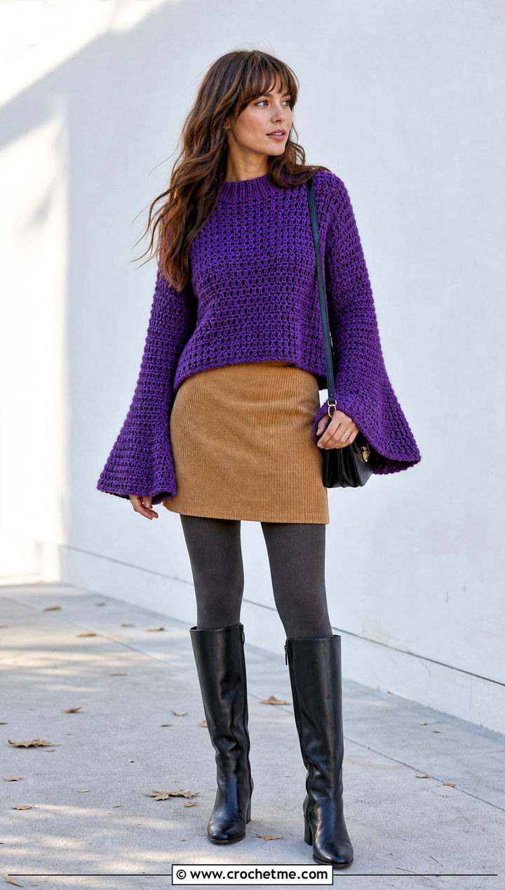 Bell Sleeve Crochet Sweater With Mini Skirt - 20 Comfy Crochet Sweater outfit ideas