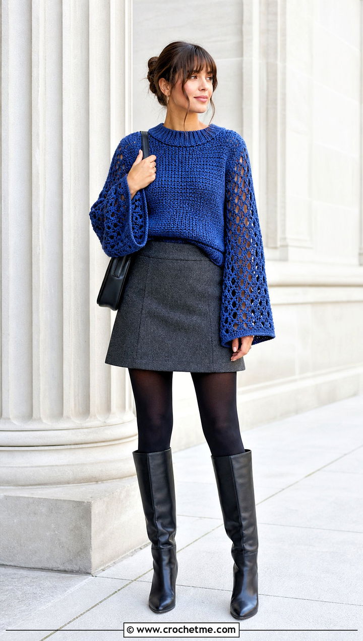 Bell Sleeve Crochet Sweater With Mini Skirt - 30 crochet sweater inspiration outfit ideas