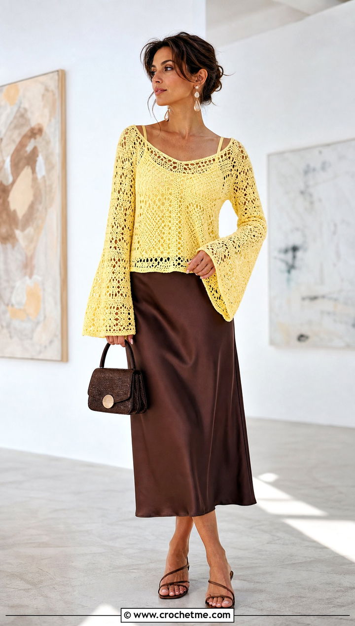 Bell Sleeve Crochet Sweater With Satin Midi Skirt - 25 summer crochet sweaters outfit ideas
