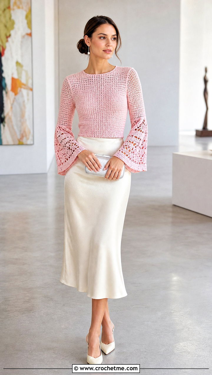 Bell Sleeve Crochet Sweater With Satin Midi Skirt - 20 Easy Crochet Sweater For Women outfit ideas