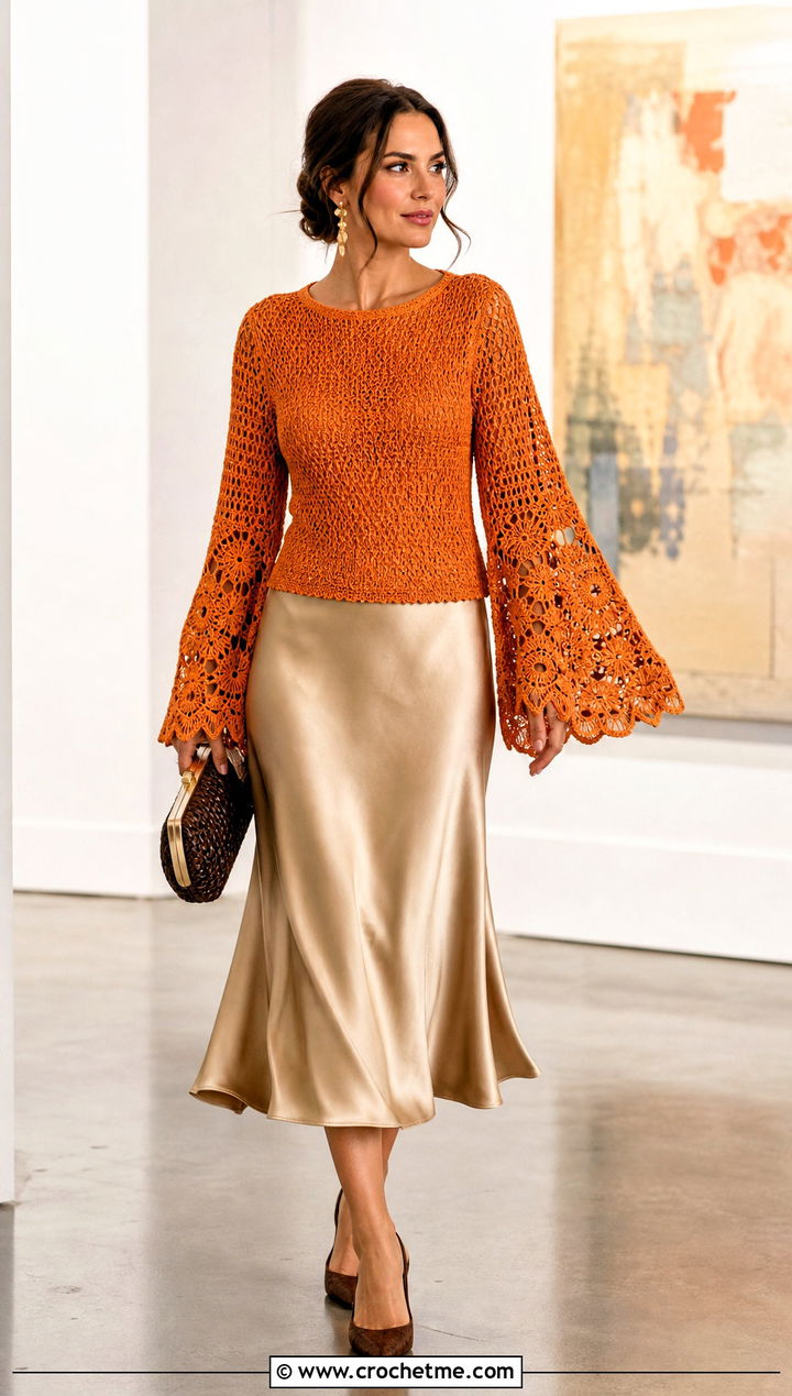 Bell Sleeve Crochet Sweater With Satin Midi Skirt - 30 crochet women sweater outfit ideas