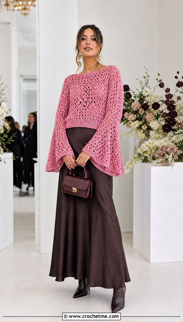 Bell Sleeve Crochet Sweater With Satin Slip Skirt - 25 Funky Crochet Sweater outfit ideas