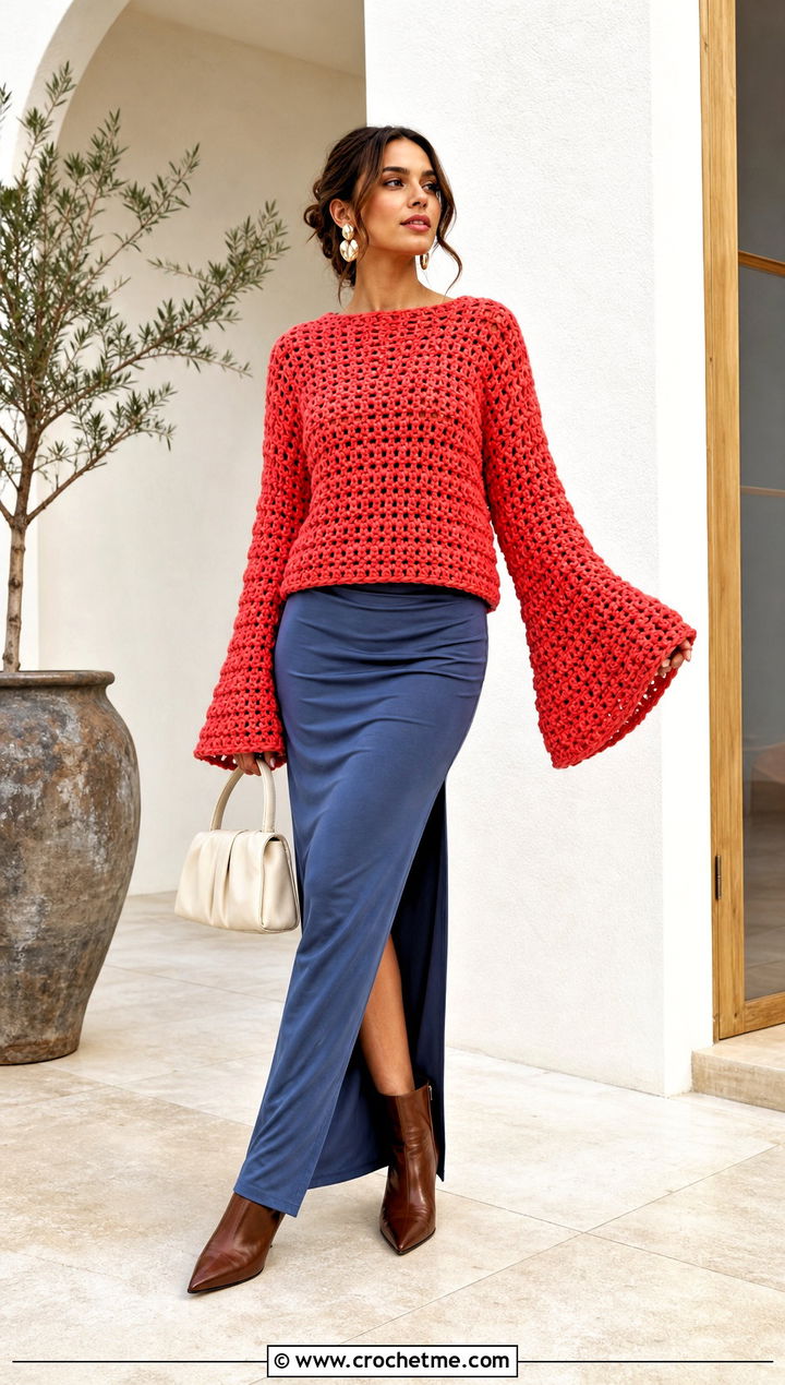 Bell Sleeve Crochet Sweater With Slim Maxi Skirt - 30 bulky yarn crochet sweater outfit ideas