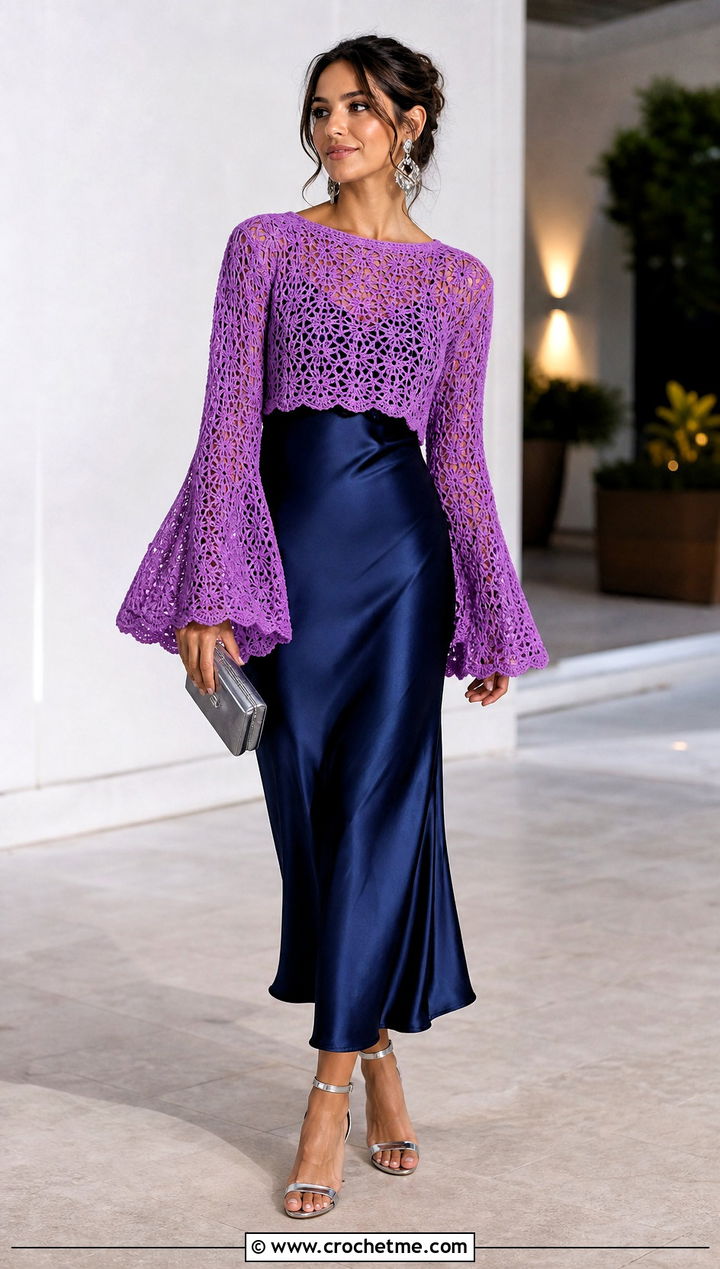 Bell Sleeve Crochet Sweater With Slip Dress - 15 Crochet Projects Sweaters outfit ideas