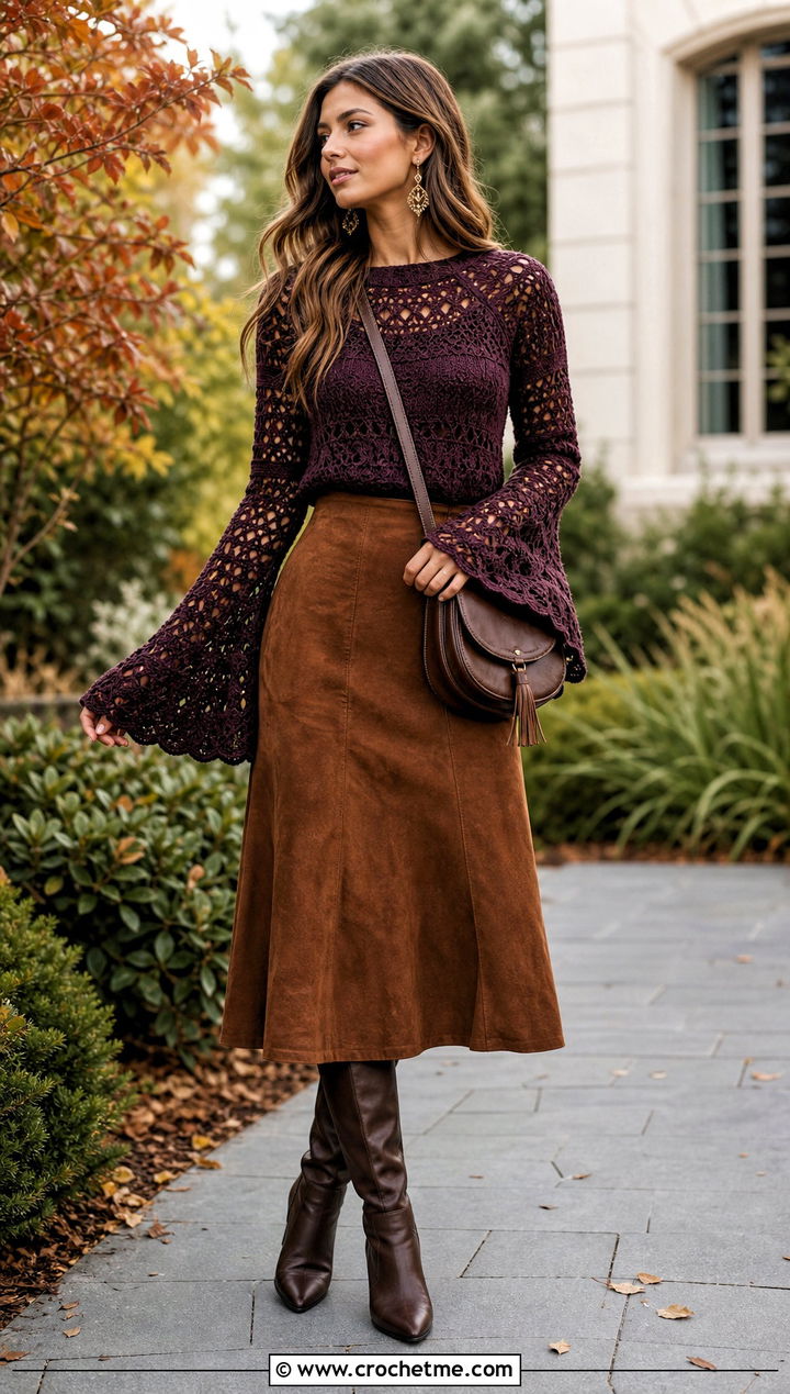 Bell Sleeve Crochet Sweater With Suede Skirt - 15 Soft Crochet Sweater outfit ideas