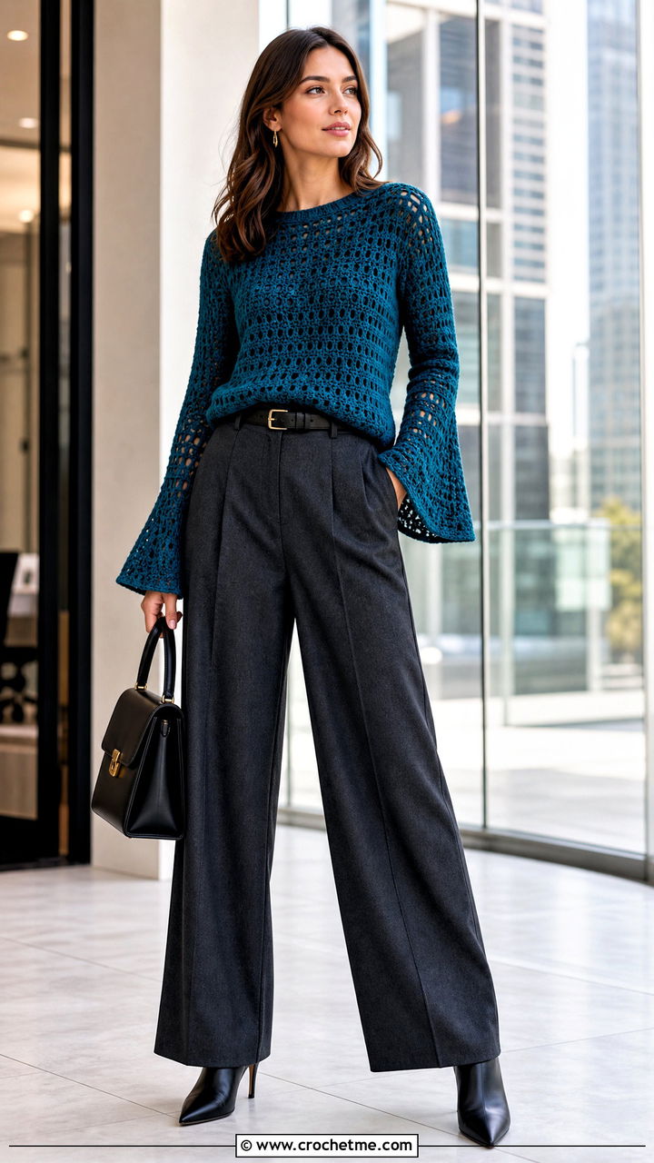 Bell Sleeve Crochet Sweater With Tailored Trousers - 35 crochet sweater design for women outfit ideas