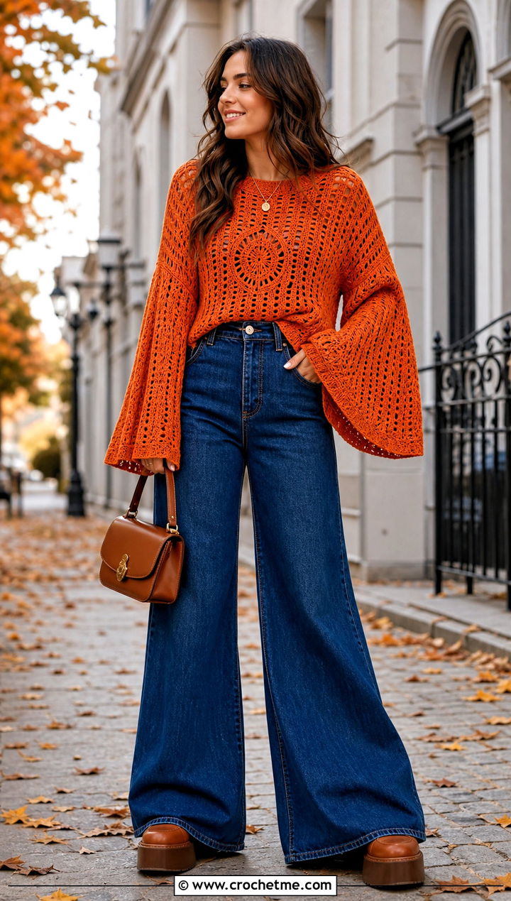 Bell Sleeve Crochet Sweater With Wide Leg Jeans - 20 Autumn Crochet Sweater outfit ideas