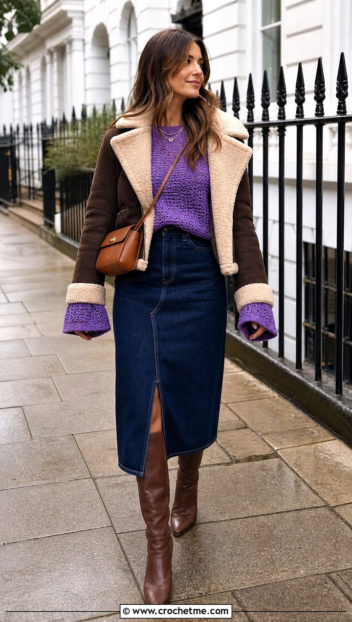 Bell Sleeve Crochet Sweater With a Denim Midi Skirt - 30 crochet winter sweater outfit ideas