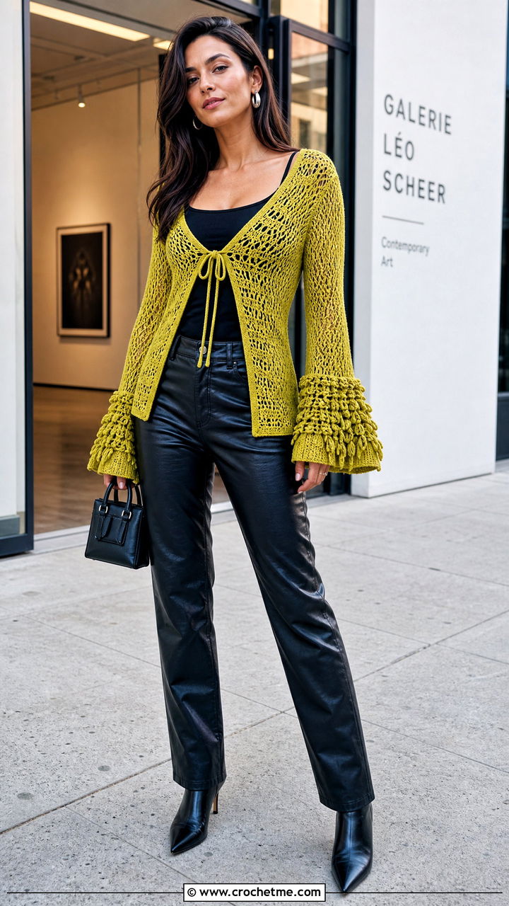 Bell Sleeve Crochet Tie Top With Leather Pants - 35 crochet tie top outfit ideas