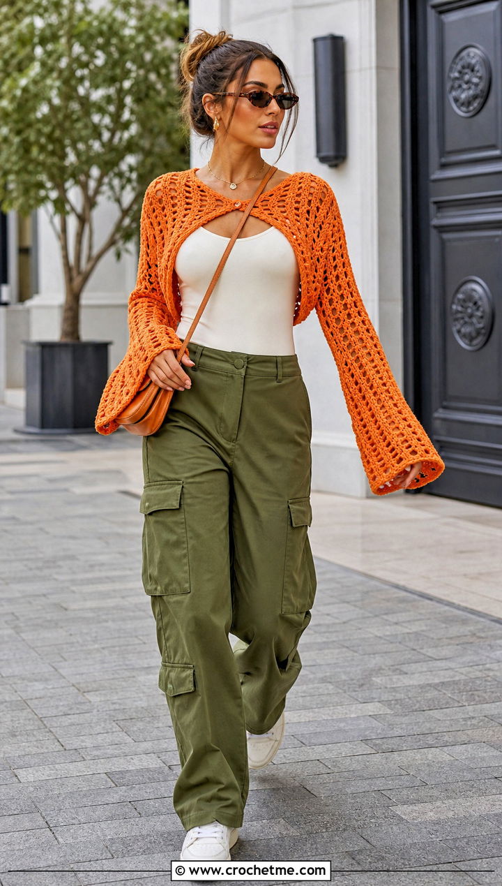 Bell Sleeve Crochet Top Shrug With Cargo Pants - 30 crochet top shrug outfit ideas