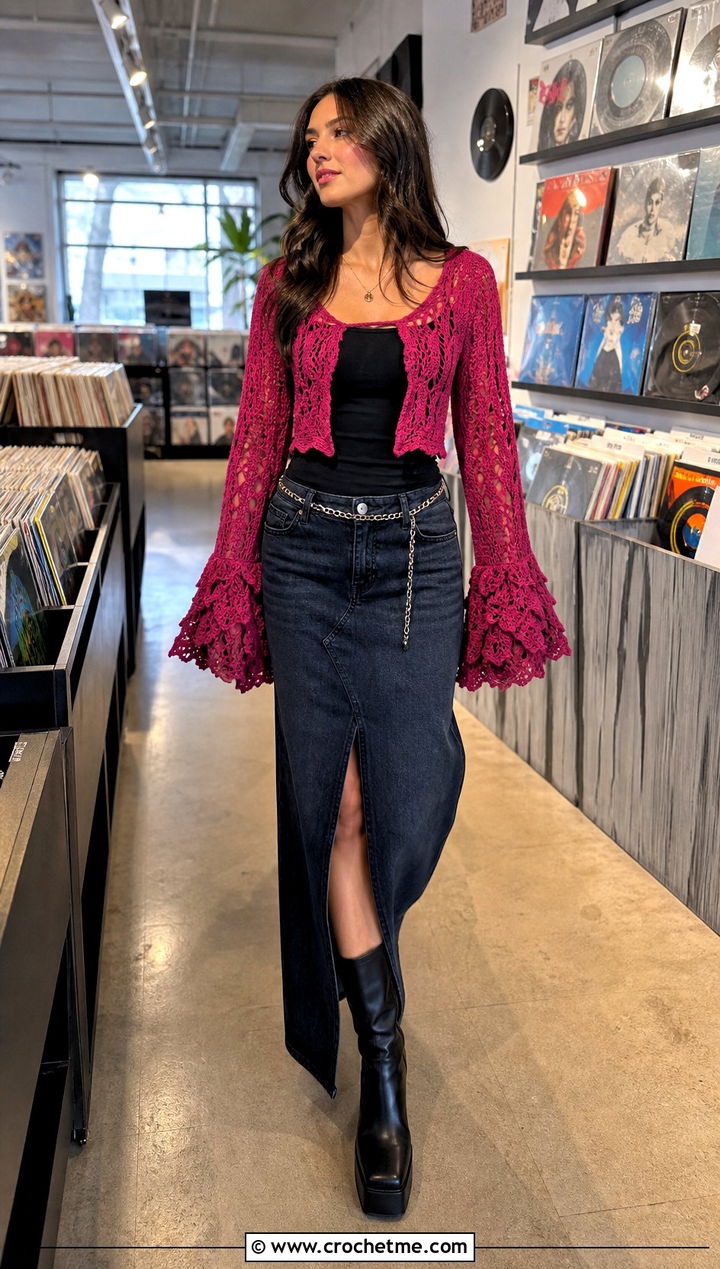 Bell Sleeve Crochet Top With A Denim Maxi Skirt - 25 emo crochet top outfit ideas