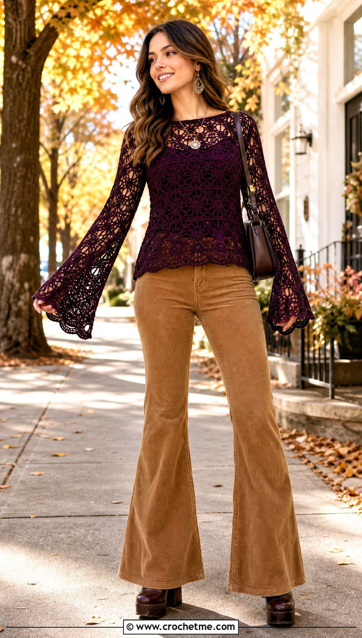 Bell Sleeve Crochet Top With Corduroy Flare Pants - 25 freestyle crochet top outfit ideas