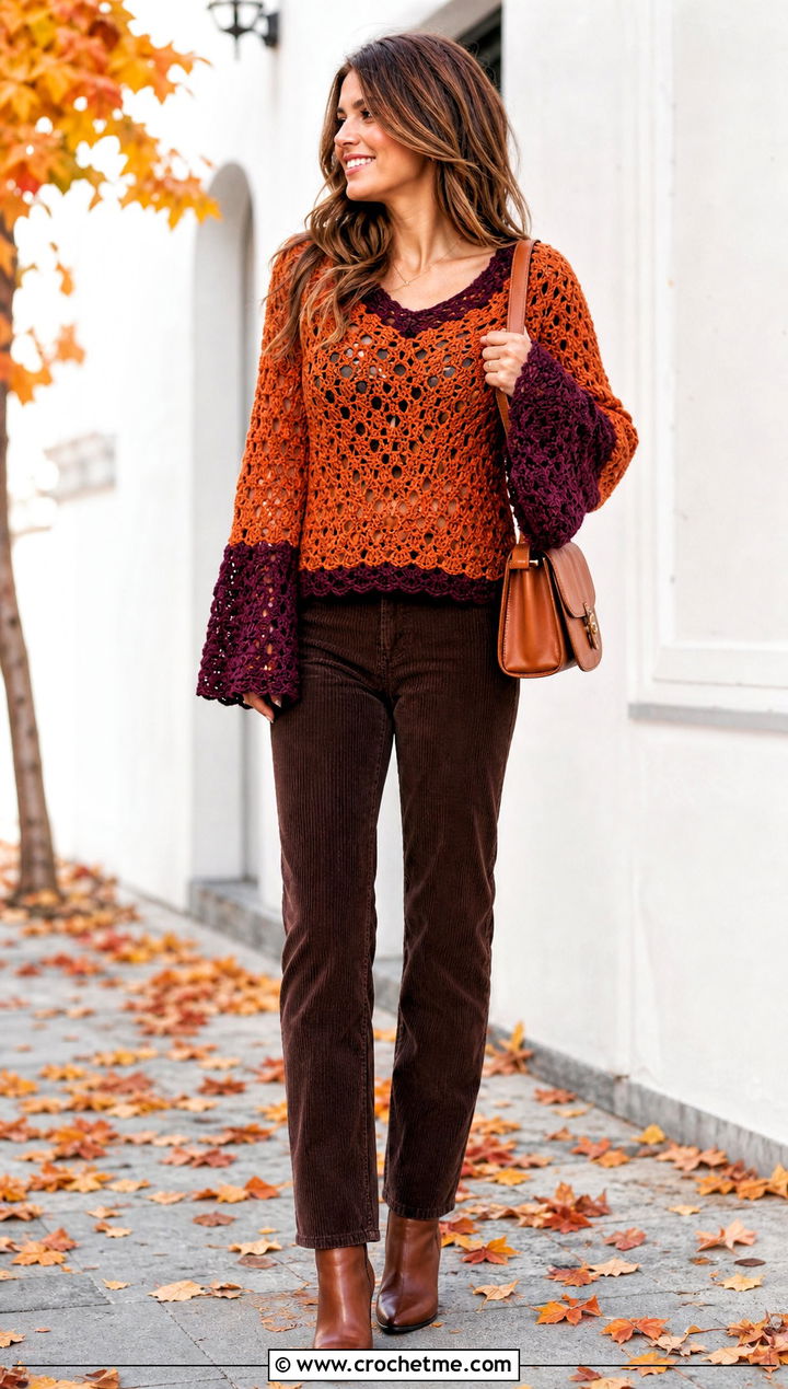 Bell Sleeve Crochet Top With Corduroy Pants - 30 two colour crochet top outfit ideas