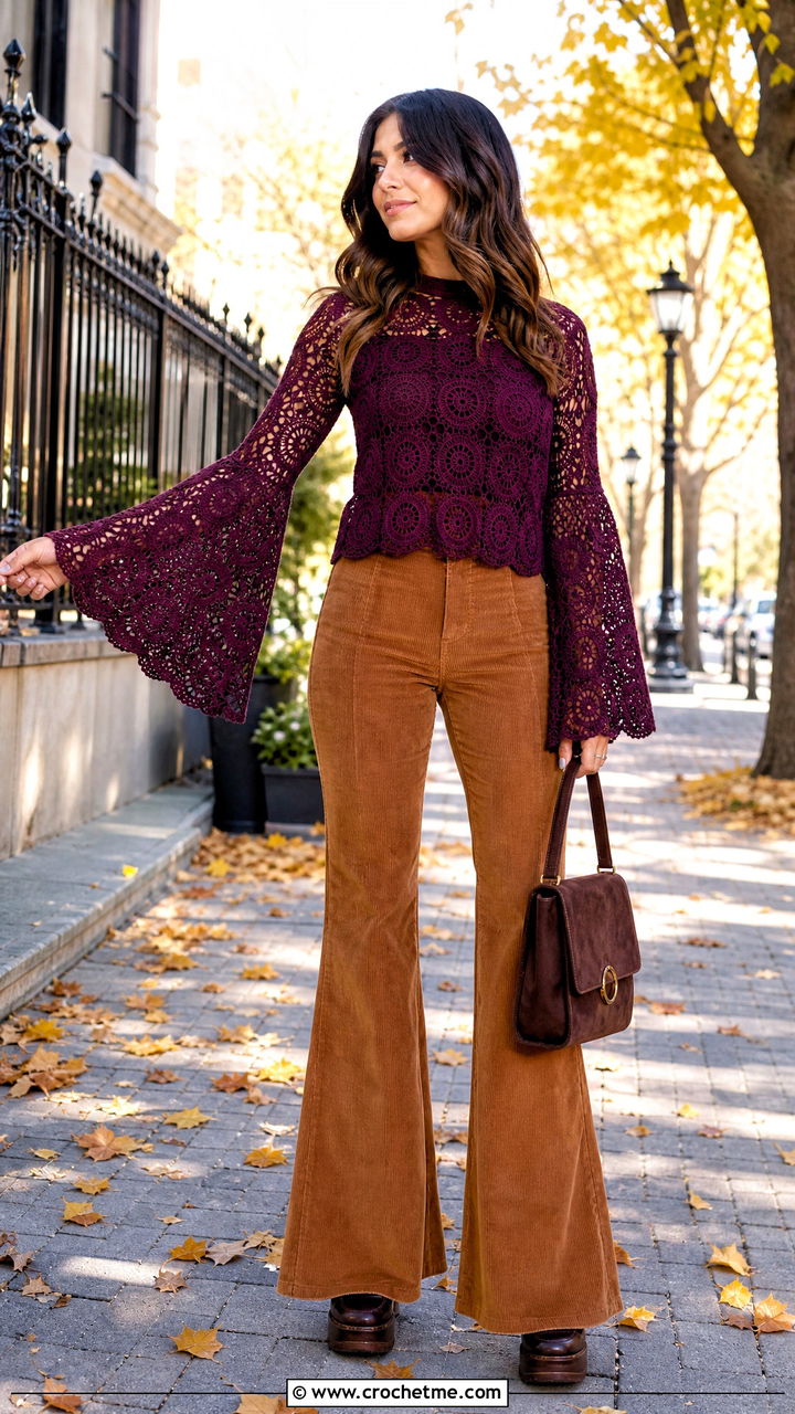 Bell Sleeve Crochet Top With Corduroy Pants - 35 aesthetic crochet top outfit ideas