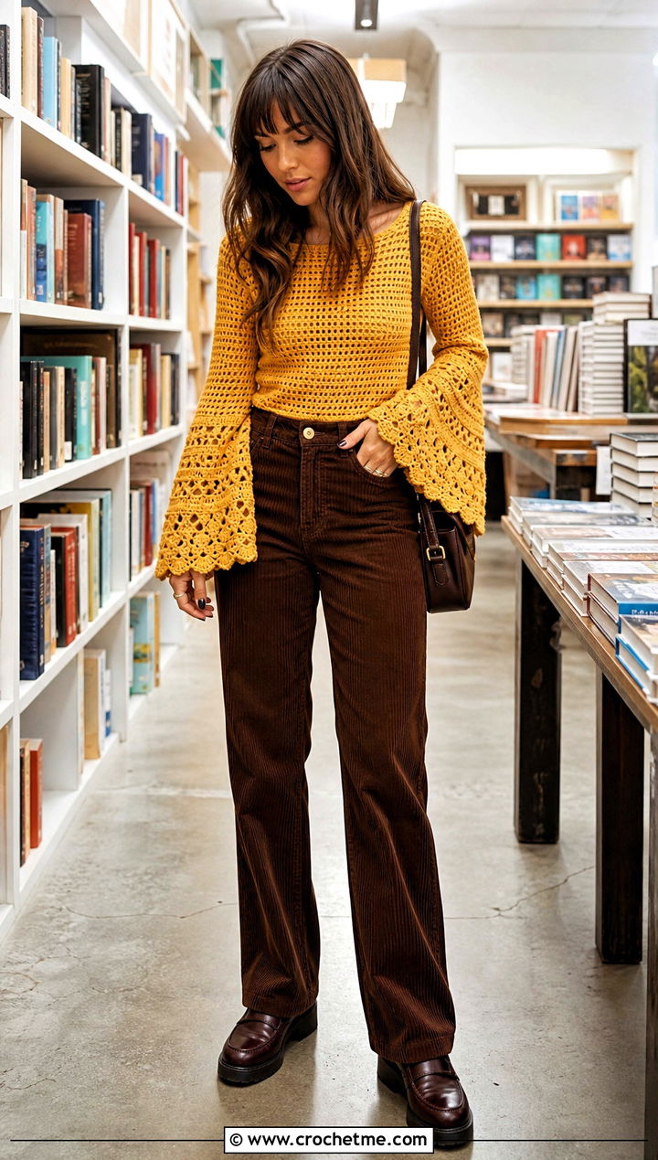 Bell Sleeve Crochet Top With Corduroy Pants - 30 begginer crochet top outfit ideas