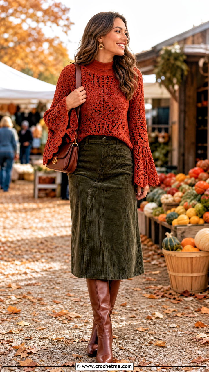 Bell Sleeve Crochet Top With Corduroy Skirt - 35 beginner crochet tops outfit ideas