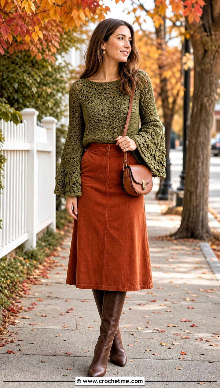 Bell Sleeve Crochet Top With Corduroy Skirt - 30 beginner crochet top outfit ideas