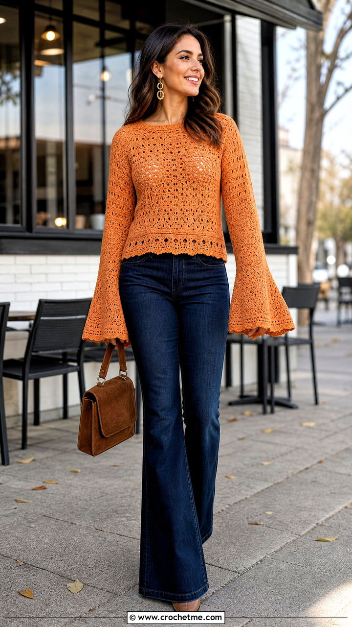 Bell Sleeve Crochet Top With Dark Flare Jeans - 35 crochet fall top outfit ideas