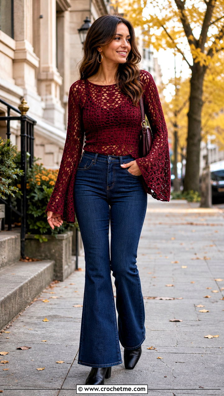 Bell Sleeve Crochet Top With Dark Wash Flares - 15 crochet top with openwork outfit ideas