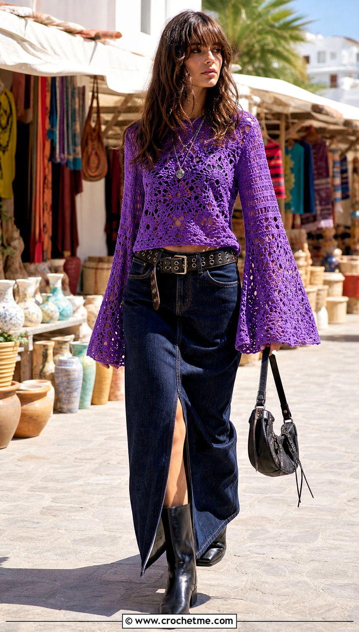 Bell Sleeve Crochet Top With Denim Maxi Skirt - 35 grunge crochet top outfit ideas