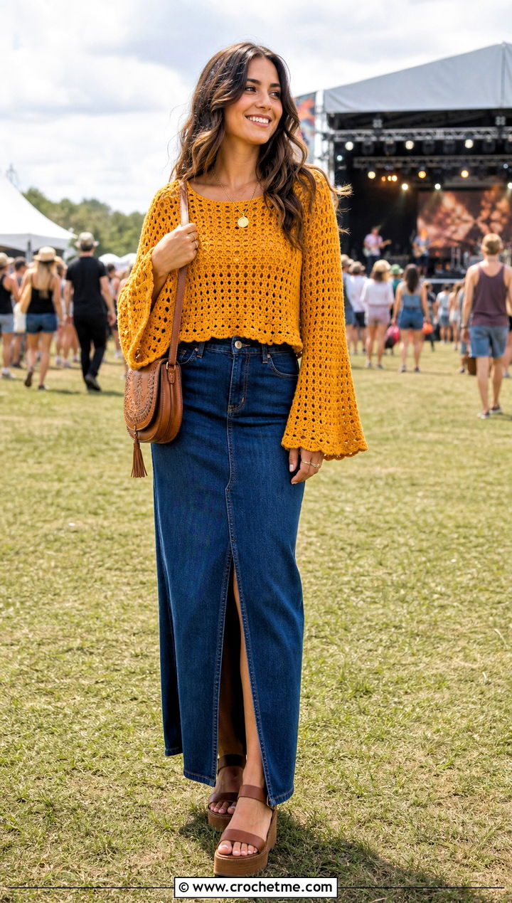 Bell Sleeve Crochet Top With Denim Maxi Skirt - 35 crochet top for summer outfit ideas