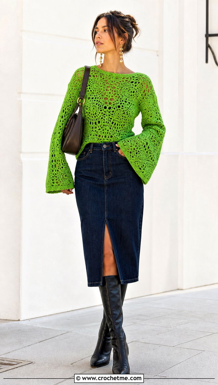 Bell Sleeve Crochet Top With Denim Midi Skirt - 25 Crochet Tops For Fall outfit ideas
