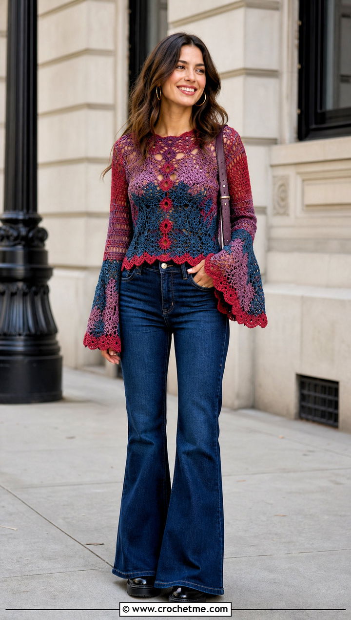 Bell Sleeve Crochet Top With Flared Jeans - 30 multi color crochet top outfit ideas