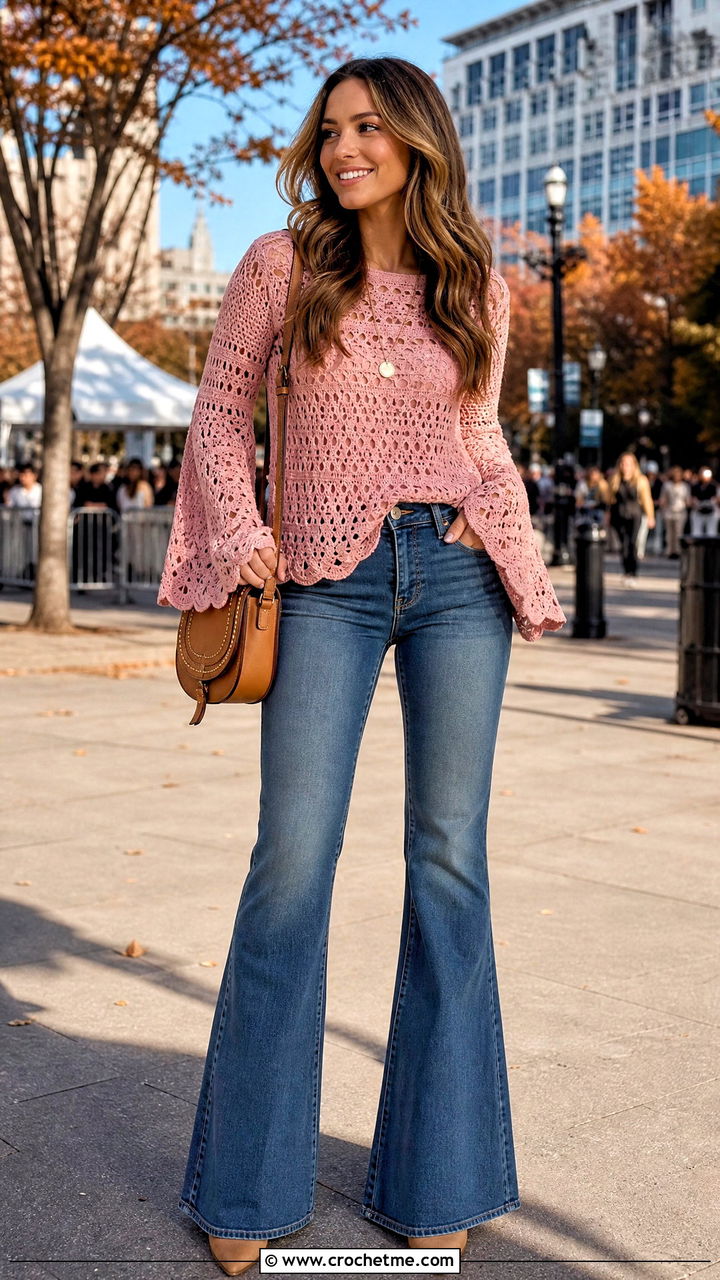 Bell Sleeve Crochet Top With Flared Jeans - 35 boho crochet tops outfit ideas