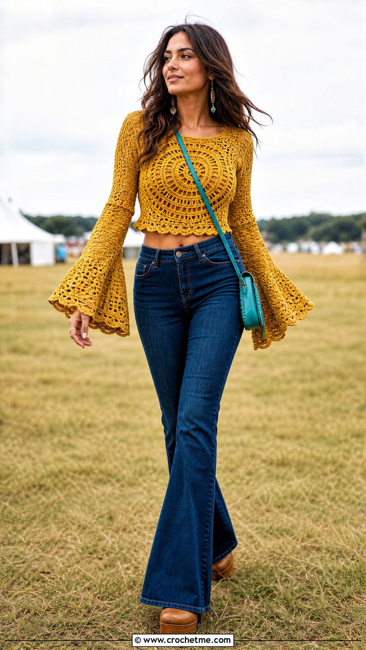 Bell Sleeve Crochet Top With Flared Jeans - 35 crochet festival top outfit ideas